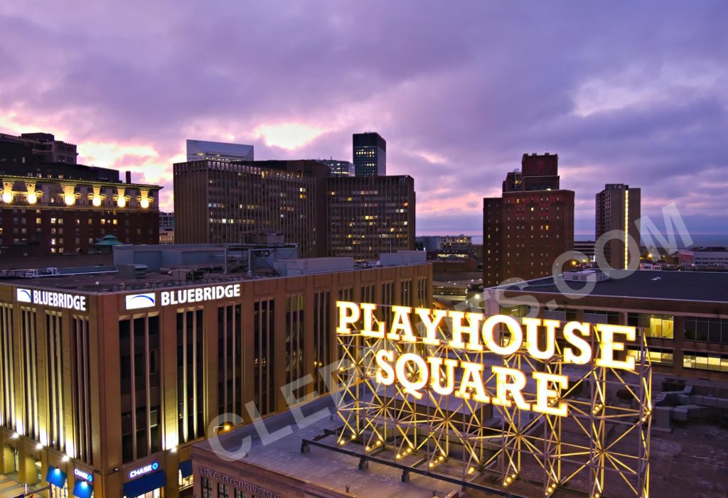 Cleveland Playhouse Square Sign During a Colorful Sunset